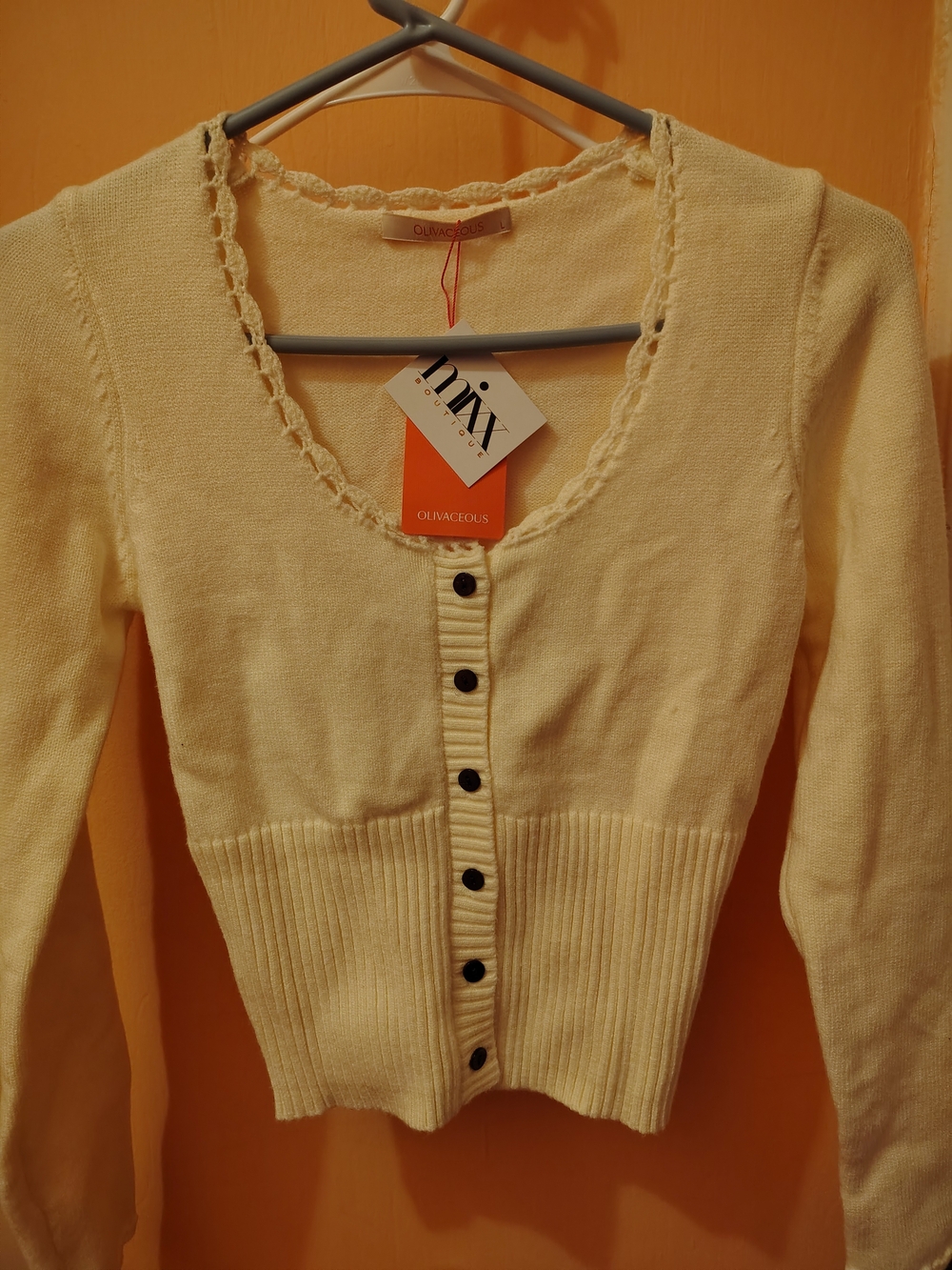 NWT Olivaceous Cream V-Neck Button Cardigan with Black Buttons